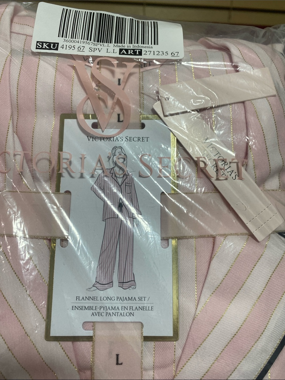 Victoria's Secret Pink and Gold Striped Women Pajama Set. Size L - Picture 3 of 7